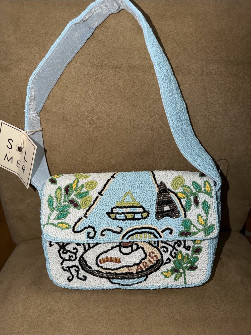 Somer Light Blue Beaded Floral Scene Shoulder Bag